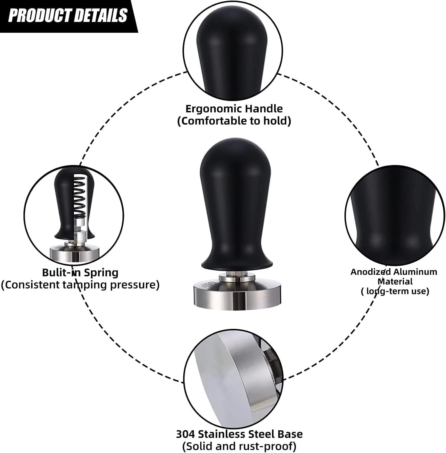 Espresso tamper calibrated portafilter tamper with spring-loaded, flat stainless steel base (54 mm), 130167 - Image 2